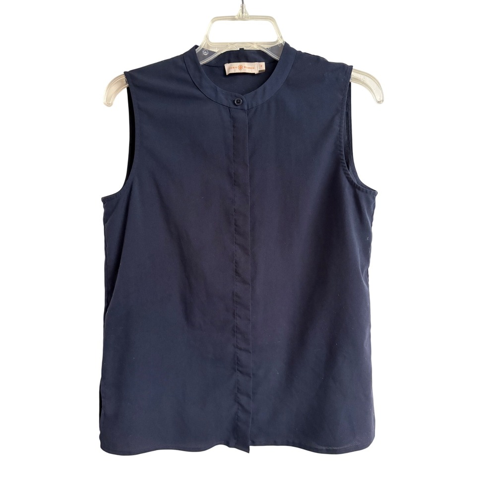 Tory‎ Burch Navy Blue Sleeveless Mandarin Collar Button Front Blouse Size 6
